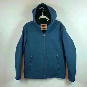 Levi's Men's Hooded Jacket Small Navy Blue Sherpa Lined Hood Quilted Lining